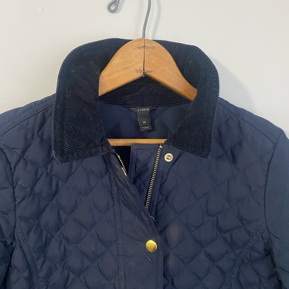 J Crew Quilted Puffer Down Jacket Womens Sz XS Corduroy Collar Navy Blue Gold - Picture 7 of 13